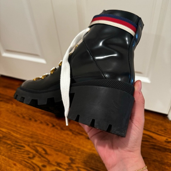 GUCCI GG LEATHER CANVAS ANKLE BOOTS BLACK W/ RED, WHITE, AND BLUE BUCKLE - Picture 14 of 16